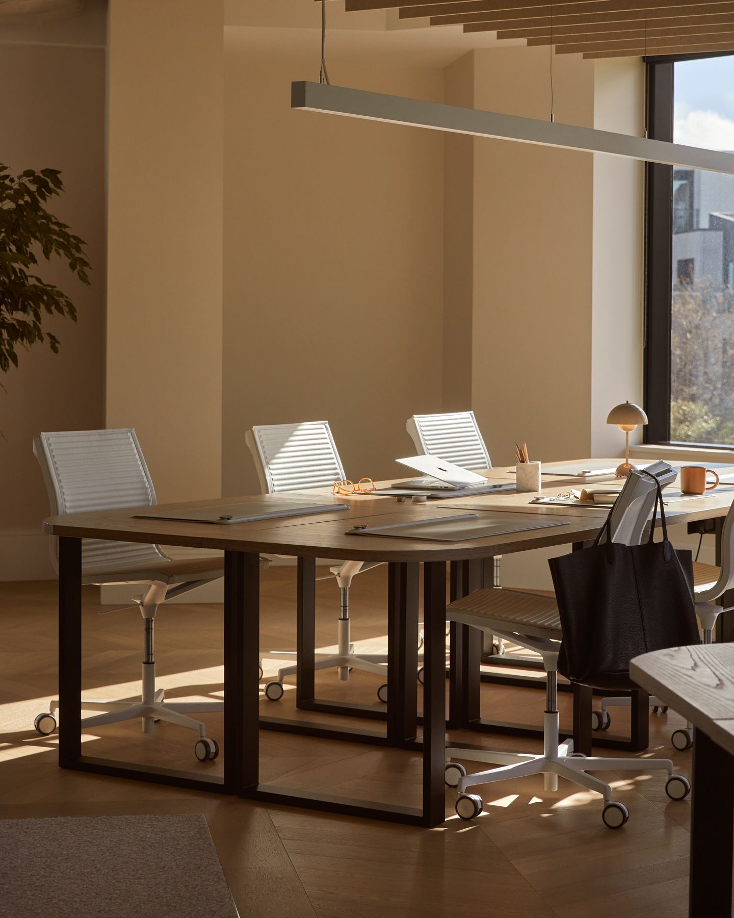 Modern office meeting room with long wooden table, white chairs, and sunlight through large windows