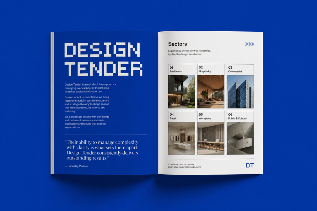 Open magazine on blue background, showing a “DESIGN TENDER” cover and interior architecture photos.