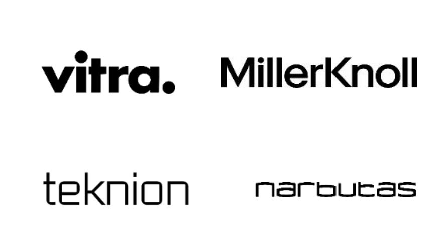 Black and white logos for Vitra, MillerKnoll, Teknion, and Narbutas on a white background