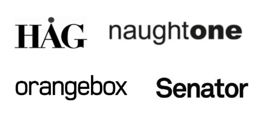 Black logos and wordmarks for HÄG, naughtone, orangebox, and Senator on a white background