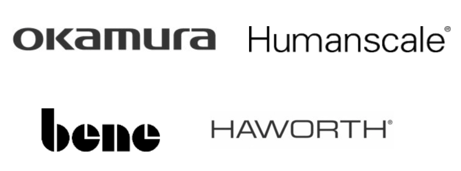 Four brand logos on white: Okamura, Humanscale, Bene, and Haworth