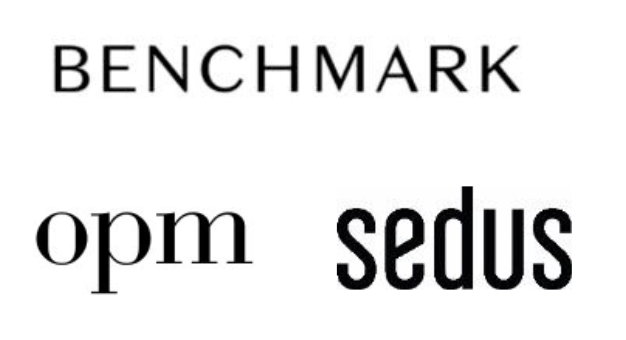 Benchmark logo with the words “opm” and “sedus” in black on a white background