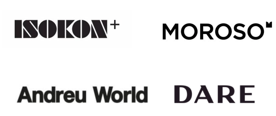 Logo collage with ISOKON+, MOROSO, Andreu World, and DARE wordmarks in black on white