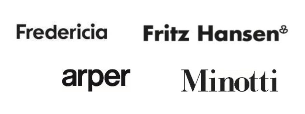 Logos for Fredericia, Fritz Hansen, arper, and Minotti on a white background
