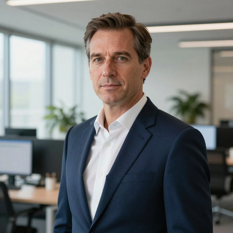 Man in a navy suit standing in a modern office with desks and windows behind him