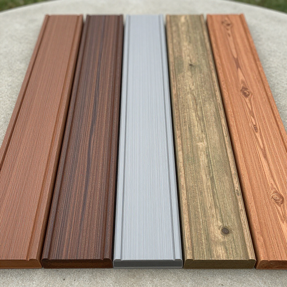 Five wood-textured decking boards in brown, gray, and tan shades lined up side by side.
