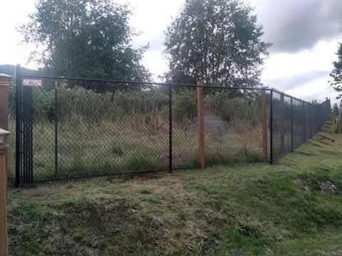 A Chain Link Fence Is Surrounding a Grassy Field with Trees in The Background - Sequim, WA- NW Chainlink Fence Co