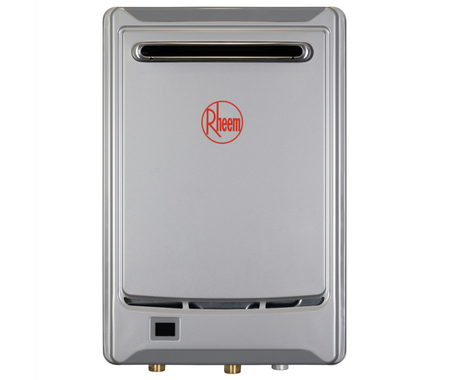 Rheem tankless water heater, silver with exhaust vent, Rheem logo, and connection ports.