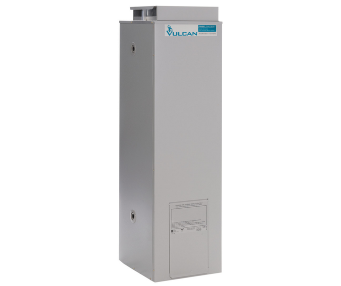 Gray Vulcan water treatment system. Rectangular with blue logo and small access door.