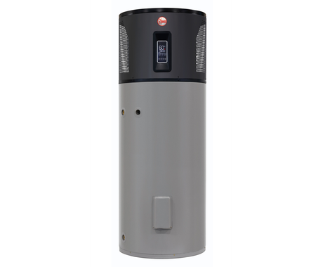 Gray and black Rheem heat pump water heater.