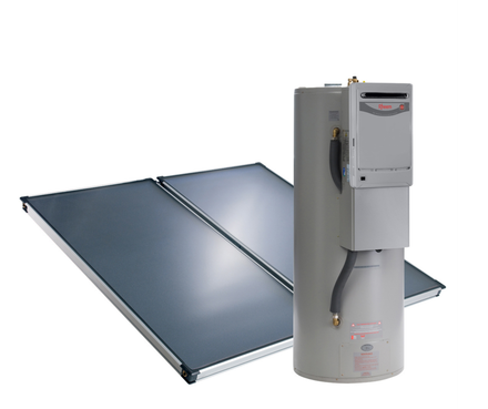 Solar water heater system: two dark panels, cylindrical tank with control panel.