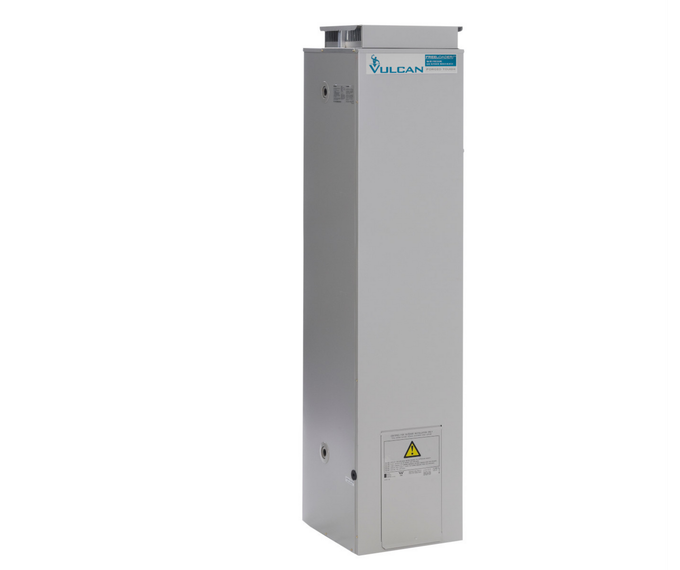 Tall, gray industrial cabinet with blue logo and warning symbol.