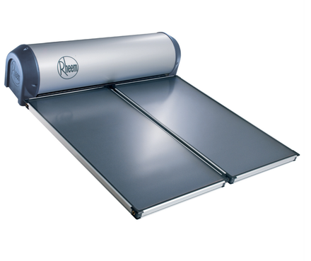 Solar water heater on a roof: silver tank above two dark, rectangular panels.