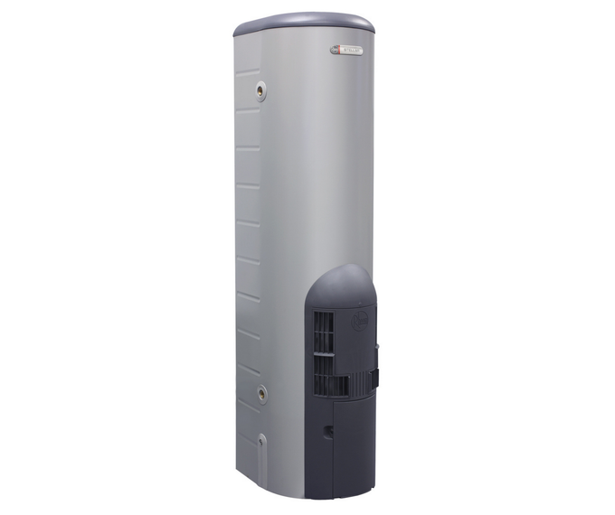 Gray and black tall water heater.