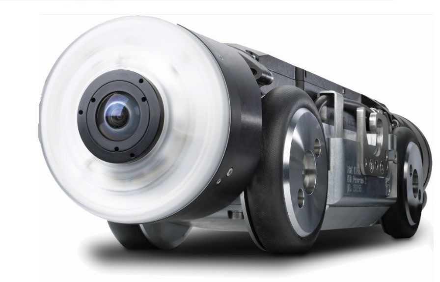 Robotic pipe inspection camera with a front-mounted lens, wheels, and a cylindrical body.