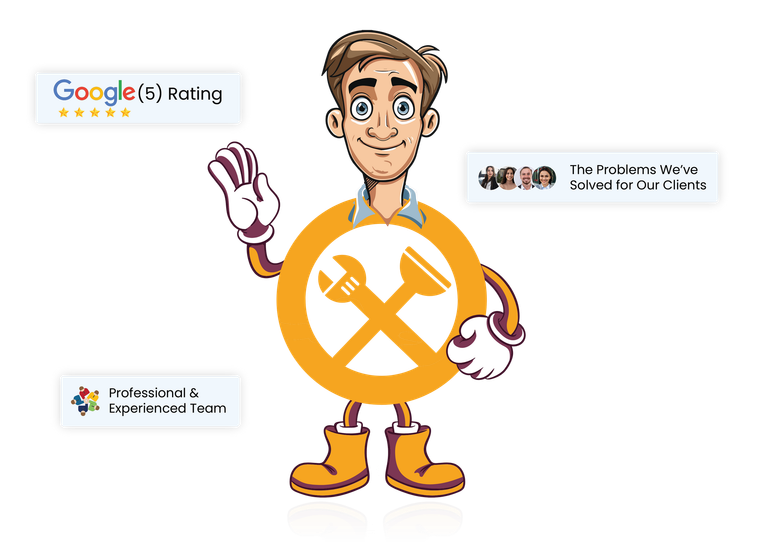 Cartoon character with tools icon, Google rating, testimonials, and personalized team badges.