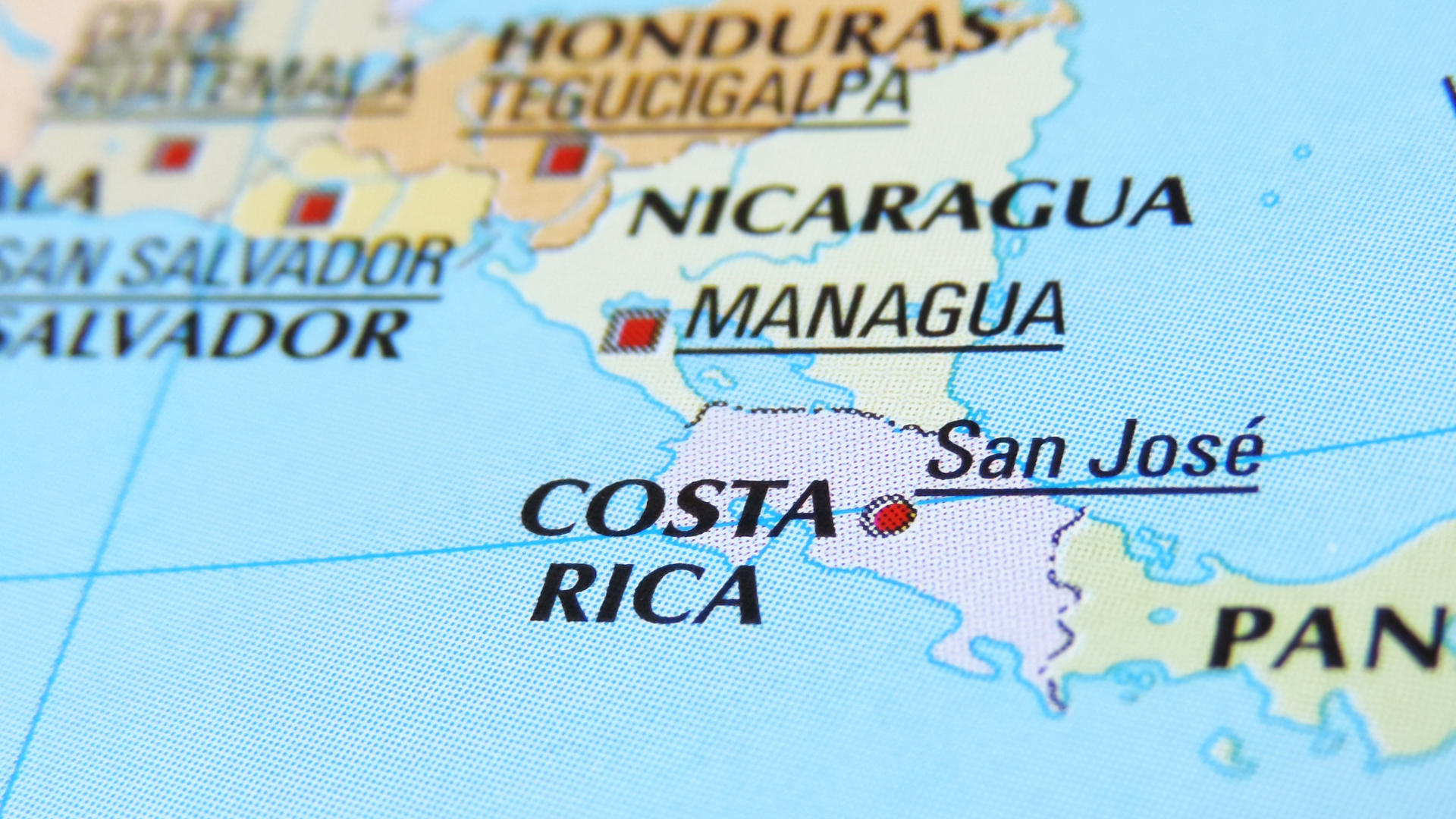 A close up of a map showing costa rica and nicaragua