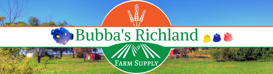 A banner for Bubba's Richland Farm Supply with a farm landscape background, an orange and green logo, and colored icons.