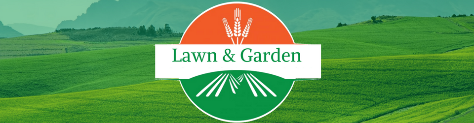 Lawn & Garden logo featuring a wheat icon above and furrows below, set against a backdrop of a green, hilly landscape.