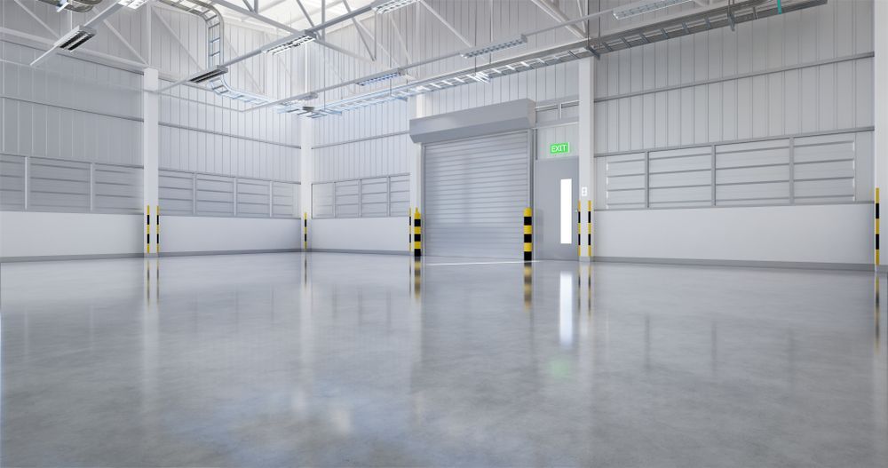 Empty, industrial warehouse with gray walls, a large roll-up door, and reflective concrete floor.