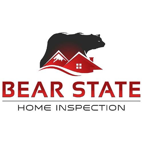 A logo for bear state home inspection with a bear , mountains and a house.