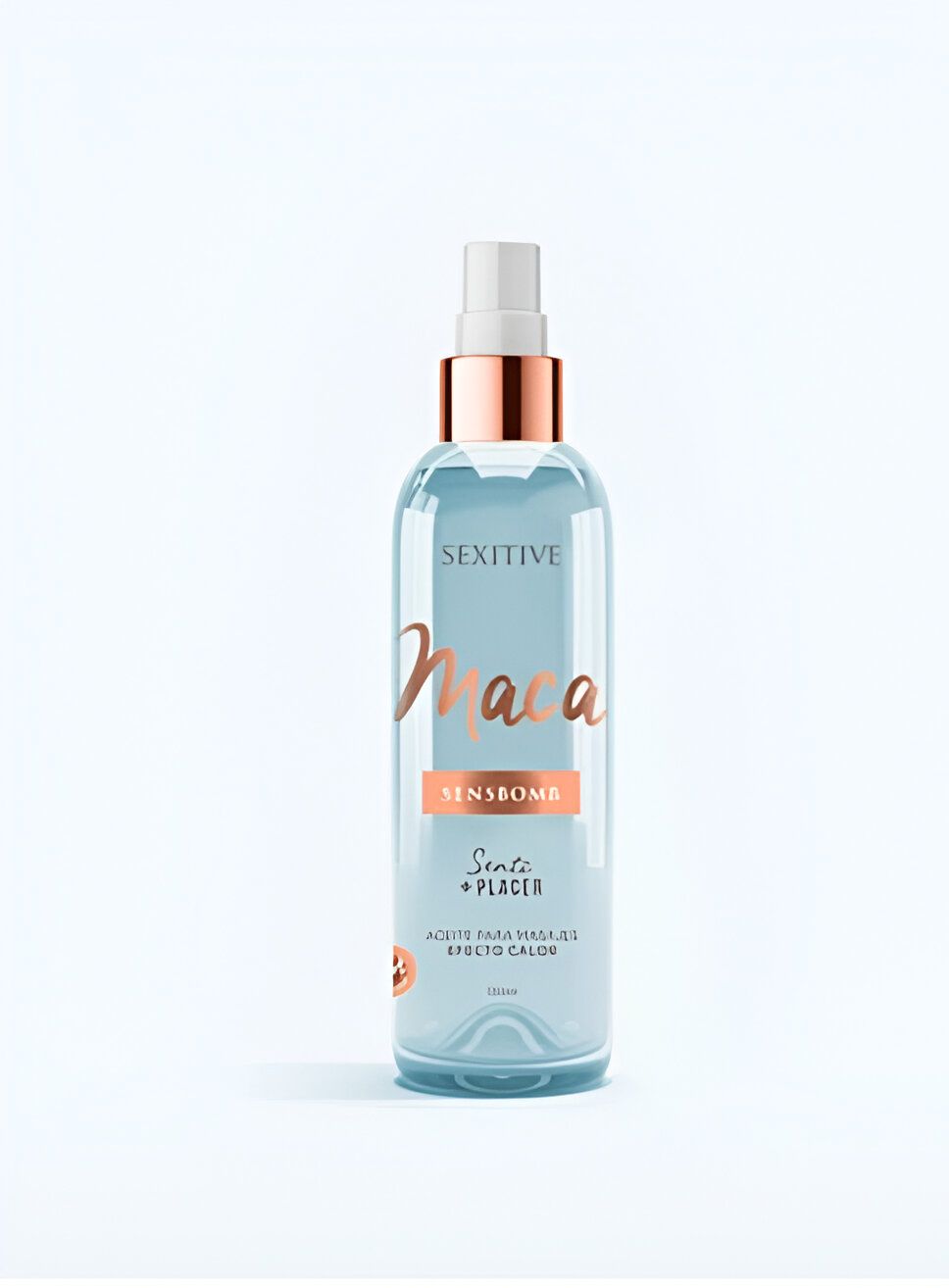 Una botella de spray azul con una tapa blanca sobre un fondo blanco.