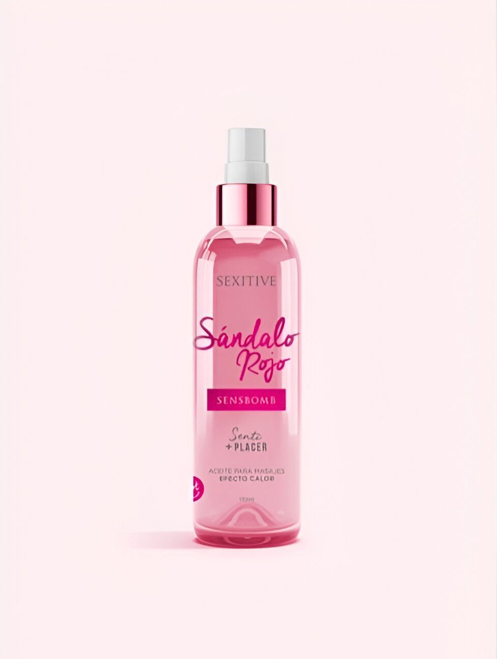 Una botella de spray de color rosa con una tapa blanca sobre un fondo rosa.