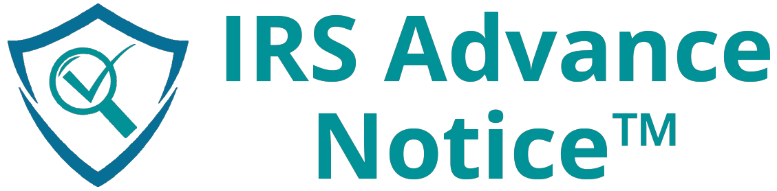 A logo for irs advance notice tm with a magnifying glass on a shield.