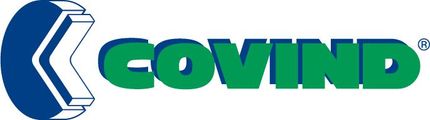 Logo COVIND con una forma astratta blu e bianca e testo verde.