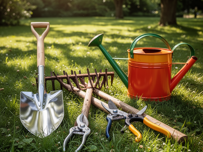 Attrezzi da giardino (pala, rastrello, cesoie, annaffiatoio) su prato erboso. Giornata soleggiata, a