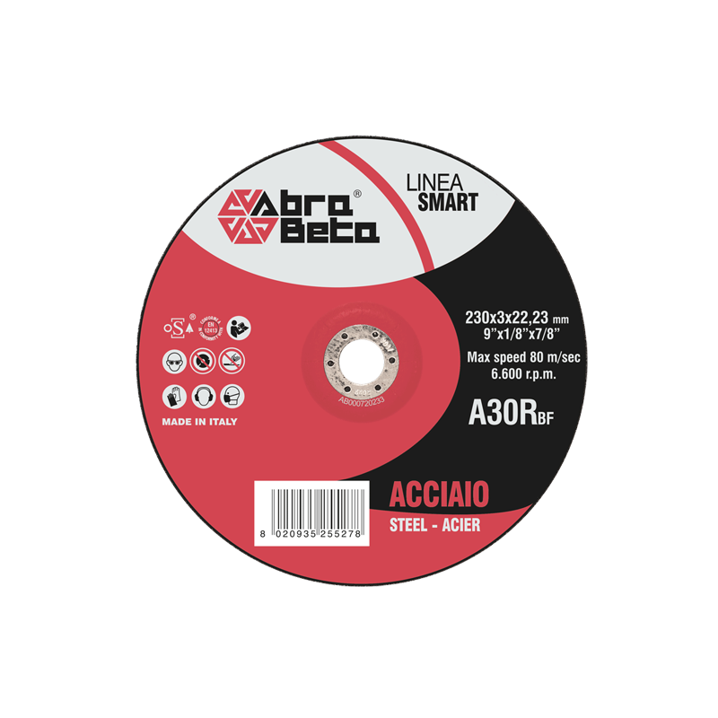 Disco da taglio Abra Beta rosso e nero per acciaio. Mostra specifiche tecniche come dimensioni, velocità e simboli di sicurezza.