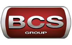 Logo del gruppo BCS: testo "BCS" argentato sopra "GROUP" su un rettangolo rosso arrotondato.