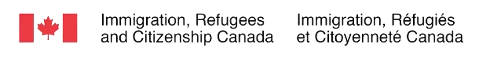 Drapeau canadien et logo d'Immigration, Réfugiés et Citoyenneté Canada avec texte bilingue en anglais et en français