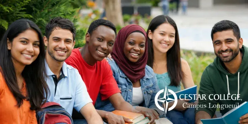 Des étudiants souriants sont assis à l'extérieur sur le campus, avec le logo du Cestar College dans un coin.