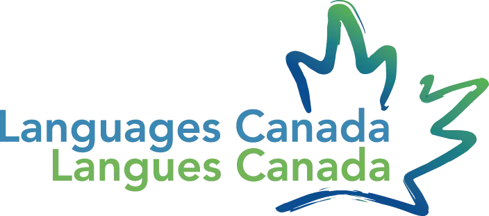 Logo de Langues Canada avec un contour de feuille d'érable bleu et vert