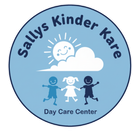 Sally's Kinder Kare daycare logo: smiling sun and cloud over three children holding hands, blue background.