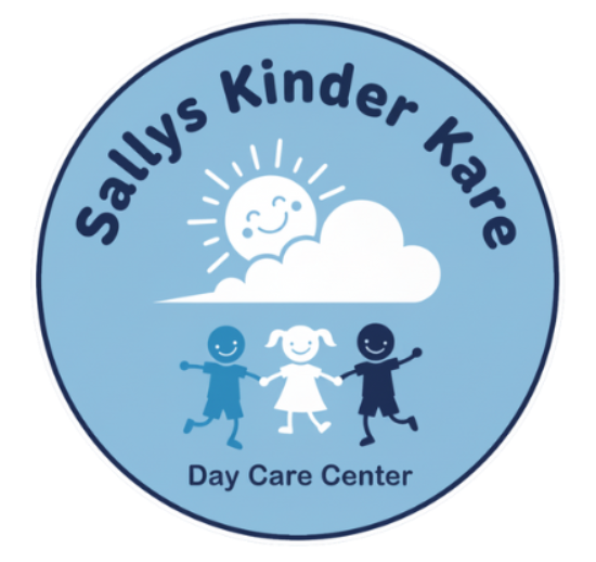 Sally's Kinder Kare daycare logo: smiling sun and cloud over three children holding hands, blue background.