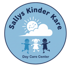 Sally's Kinder Kare daycare logo: smiling sun and cloud over three children holding hands, blue background.