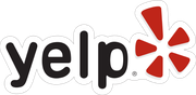 A yelp logo with a red star on a white background.