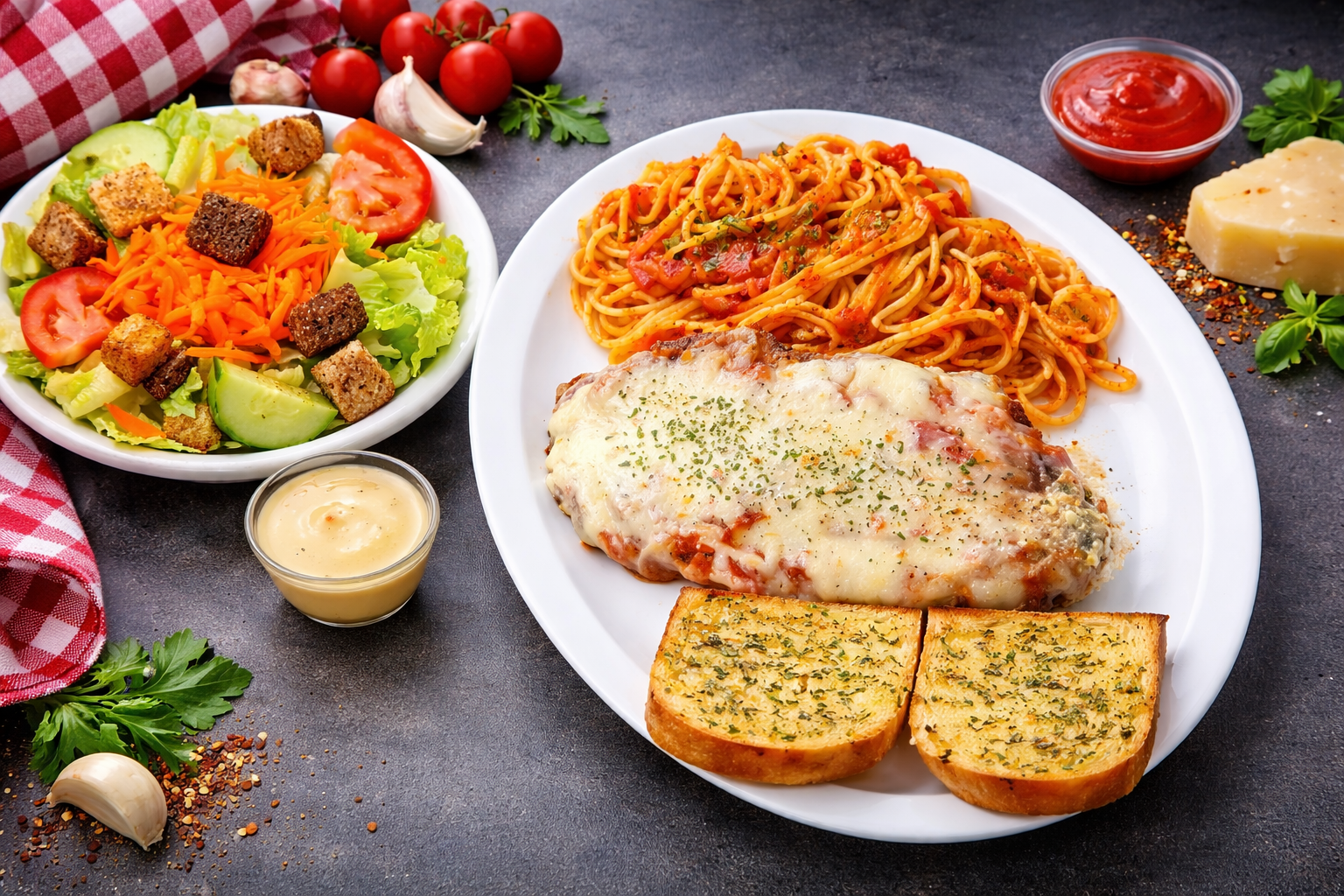 A white plate topped with spaghetti , meat and vegetables.