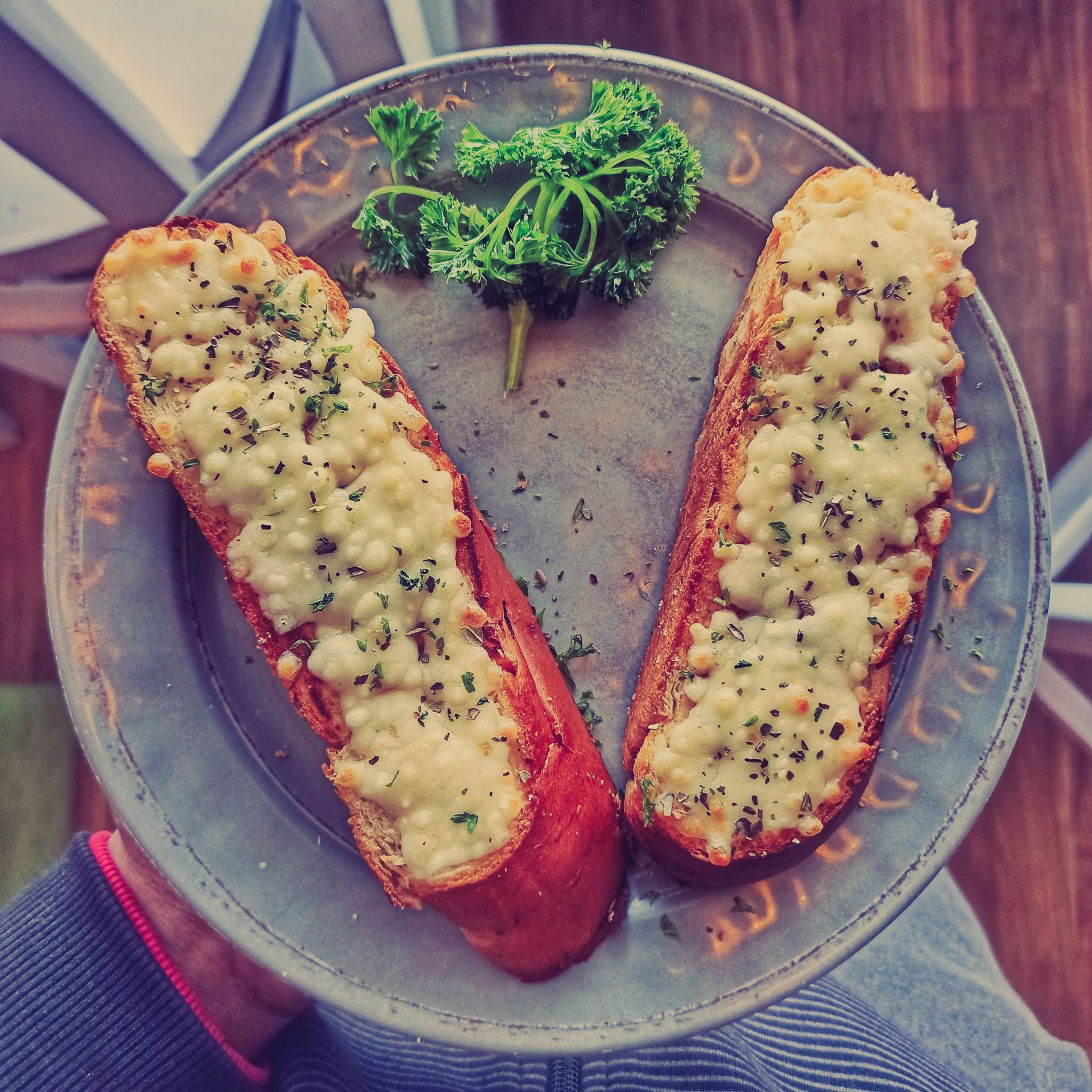 A person is holding a plate of garlic bread with cheese and parsley