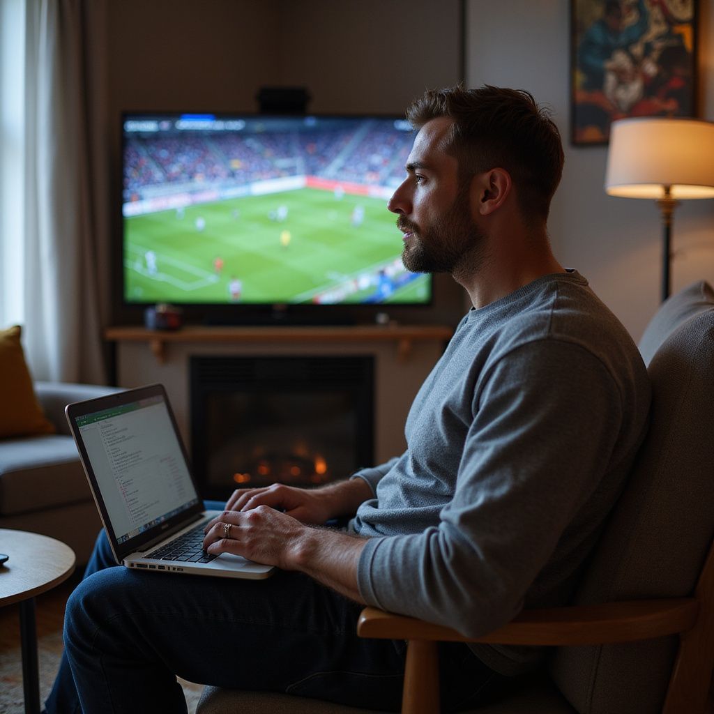 Oturma odasında dizüstü bilgisayarında çalışan ve televizyonda futbol izleyen adam.