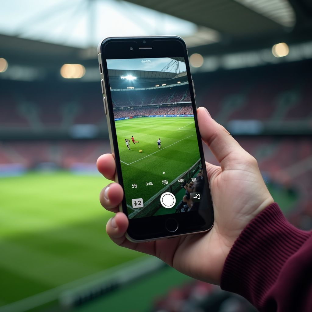 Elinde akıllı telefonla stadyumda futbol maçının fotoğrafını çeken bir adam.