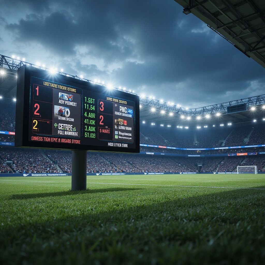 Gece futbol sahası, maç bilgilerini ve skoru gösteren bir skor tabelası ile.