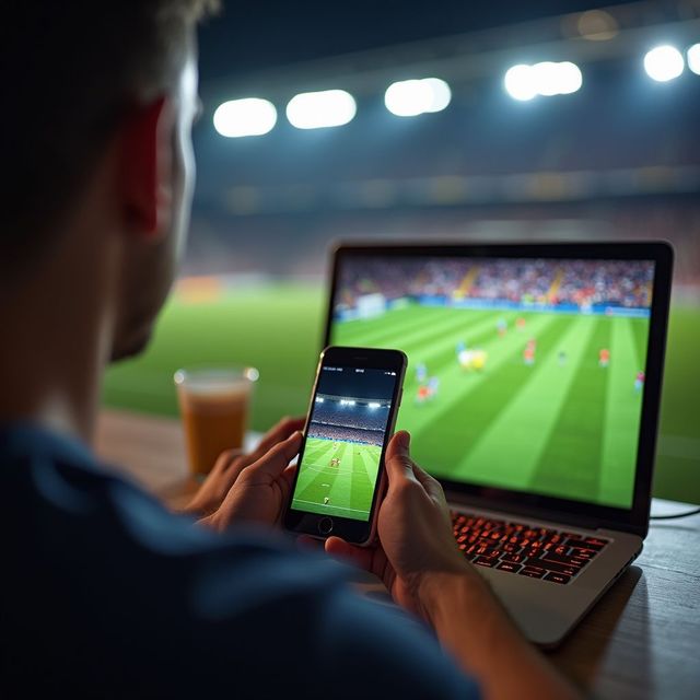 Kişi dizüstü bilgisayar ve telefondan futbol maçı izliyor. Stadyum ışıkları sahayı aydınlatıyor ve yakınlarda bir içecek var.
