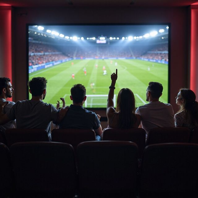 Karanlık bir odada büyük bir ekranda futbol maçı izleyen insanlar, bir kişinin tezahürat etmesi.