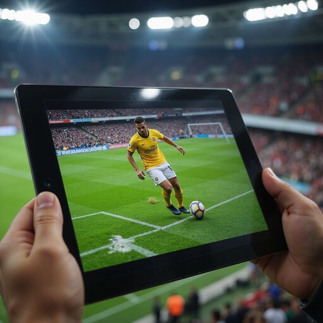 Stadyumda futbol maçını gösteren tableti tutan kişi.
