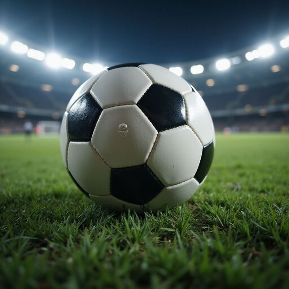 Gece vakti parlak ışıkların altında stadyumdaki yeşil çimlerin üzerinde futbol topu.
