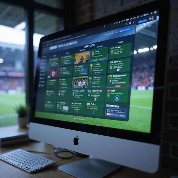 Ahşap bir masanın üzerinde klavye bulunan, futbol oyunu arayüzü gösteren iMac.