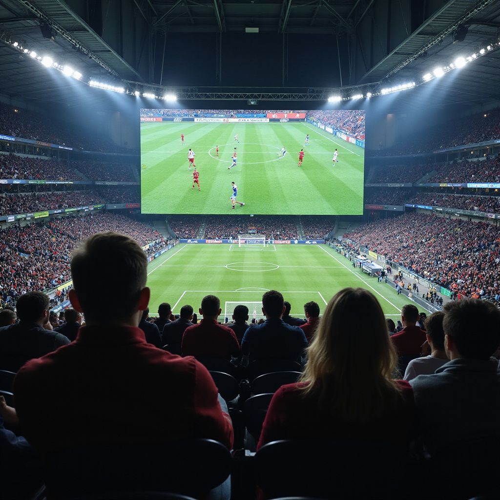 Stadyumda futbol maçını izleyen insanlar, sahanın üzerindeki büyük ekrana odaklanmış durumdalar.